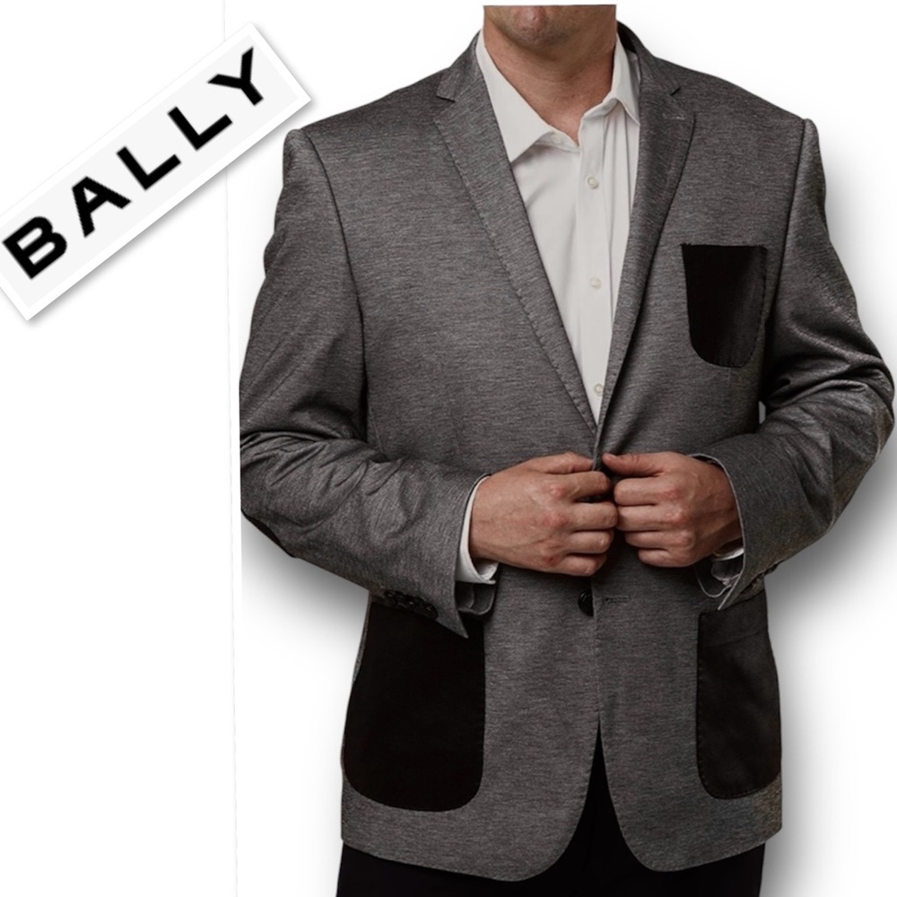 BALLY  Made In Italy Wool Men’s Sport Coat  Leather Pockets Gray Brown Sz 48R
